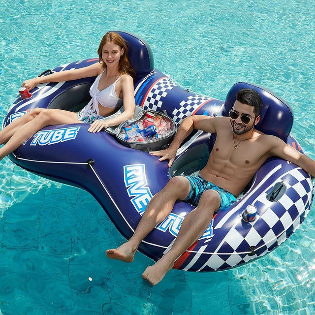Jasonwell Inflatable River Tube Float - 2 Person Heavy Duty River Float Pool Floats with Removable Cooler Lake Water Tubes for Floating River Raft Lounge Floatie with 2 Cup Holders for Adults