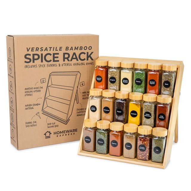 Bamboo Spice Rack for Drawer & Counter - Sturdy Non-Slip Seasoning Organizer for Drawer, Kitchen Countertop & Cabinet - 3-Tiered Foldable Wooden Spice Rack with Funnel & Spice Labels JARS NOT INCLUDED