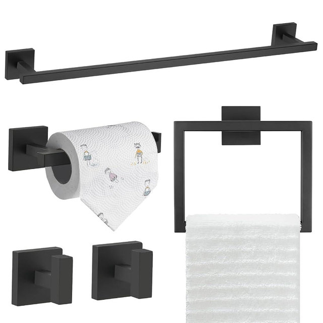 TQKAG 5-Piece Matte Black Bathroom Hardware Set Classic Wall Mounted Bathroom Accessories Set SUS304 Stainless Steel Towel Bar Sets 23.6" Towel Rack for Bathroom Towel Holder Set,Black
