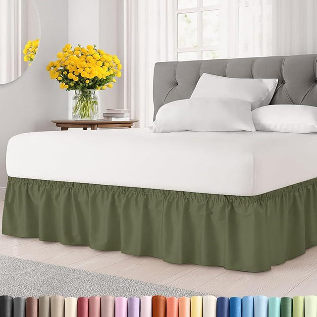 Wrap Around Dust Ruffle Bed Skirt - Sage Green - for King Size Beds w/ 14 Inch Drop - Easy Fit Elastic Strap - Adjustable Pleated Bedskirt with Brushed Fabric, Wrinkle Free Women, Men, Kids and Teens