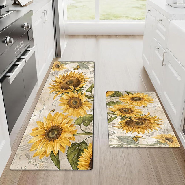 2 Piece Sunflower Kitchen Decor Rugs Set, Farmhouse Country Kitchen Carpets and Mats Non Skid Washable Absorbent Mats for Floor Rug Decoration 17"x 47"+17"x 24"