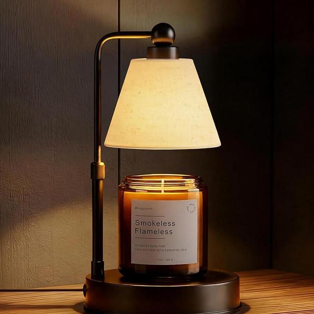 Bingyouth Candle Warmer Lamp with Timer, Dimmable, Adjustable Height, Modern Farmhouse Linen Shade, Black Candle Warming Lamp for Up to 6-Inch Jar Candles, 2 Bulbs Included