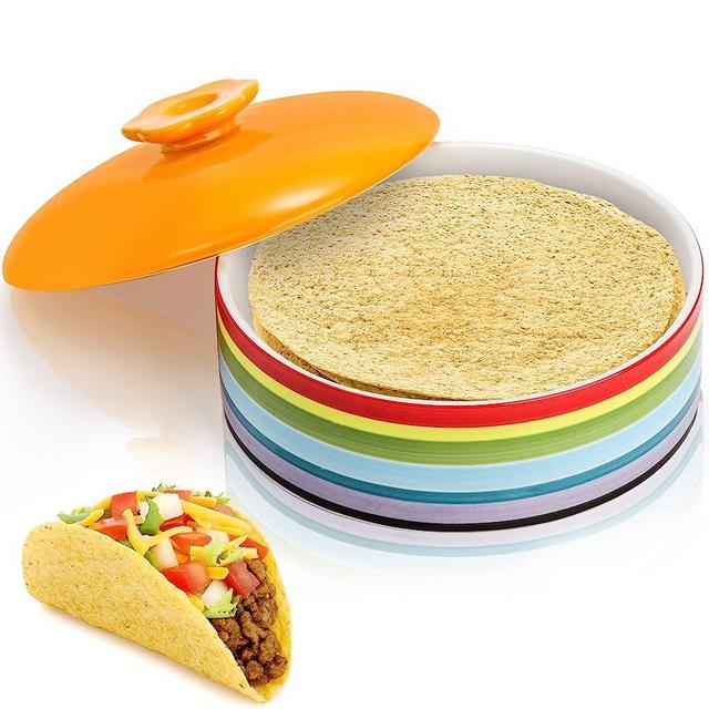Lyellfe Ceramic Tortilla Warmer, 8.5 Inch Tortilla Server Container with Lid, Hold up to 12 Tortillas, Colorful Tortilla Keeper for Taco Tuesday Night, Mexican Party, Microwave and Oven Safe