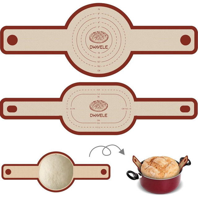 Silicone Bread Sling for Dutch Oven, Non-Stick & Easy to Clean Bread Baking Mat Set, 2 Pcs Reusable Bread Sling with Long Handle to Transfer Sourdough (Red, Oval and Round)