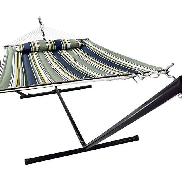 Hammock with Stand with Cupholder & Detachable Pillow, 2 Person Hammock, Heavy Duty 450 Pound Capacity, Indoor & Outdoor Hammock: Patio, Pool, Backyard (Dark Green / Dark Blue)