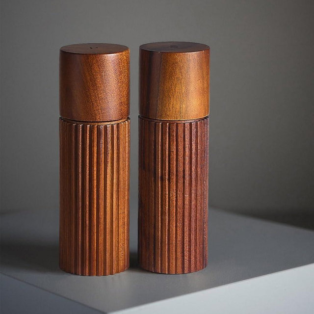 MAITTON Acacia Wood Salt and Pepper Grinder Set with Ceramic Grinder - Manual Pepper Mills with Non-Slip Ribbed Design, Marked S&P Lids, 6.5 Inch