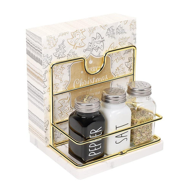 Livabber Napkin Holder, Metal Napkin Holder with Salt and Pepper Shakers Caddy Modern Napkin Dispenser for Table Kitchen Countertop, Not Including Salt and Pepper Shakers (Middle Marble, Gold)