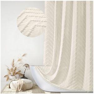 Boho Farmhouse Shower Curtain Woven Fabric Cute Cream Shower Curtain, 72 x 72 Tufted Chevron Textured Striped Modern Farmhouse Minimalist Shower Curtain for Bathroom