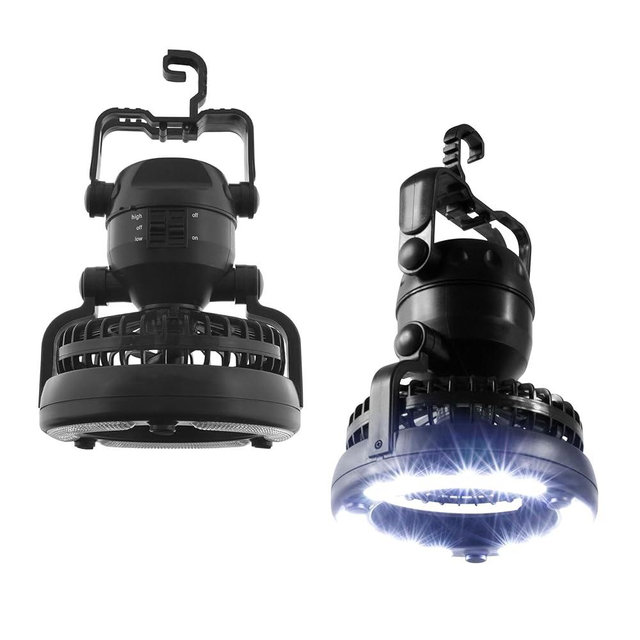 Camping Lantern with Fan Set - Set of 2 Weather-Resistant Camping Lights with 18 LED Bulbs and High and Low Fan Settings by Wakeman (Black)