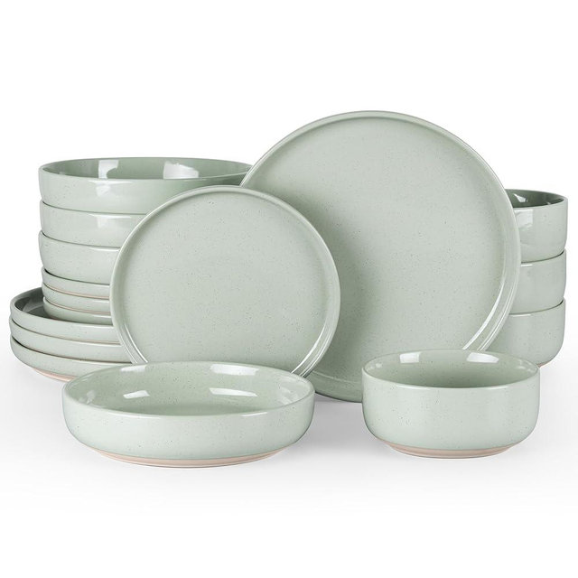 HaWare 16-Piece Plates and Bowls Set for 4, Stoneware Dinnerware Sets with Pasta Bowl, Dishes Set for Home Restaurant, Speckled Asparagus Green