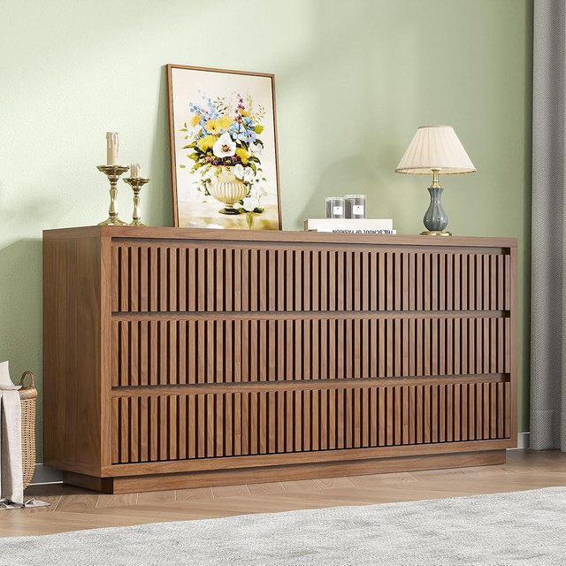 Jluomei Fluted Long 9 Drawer Dresser, Large Mid Century Dresser for Bedroom, 58" Wide Vintage Chest of Drawers, Wooden TV Stand, Wood Closet Clothes Storage Organizer for Living Room, Brown, Walnut