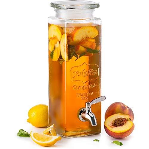 KooK Tall Square Glass Yorkshire Mason Jar Drink Dispenser with Stainless Steel Spigot and Glass Lid, 80 Ounce