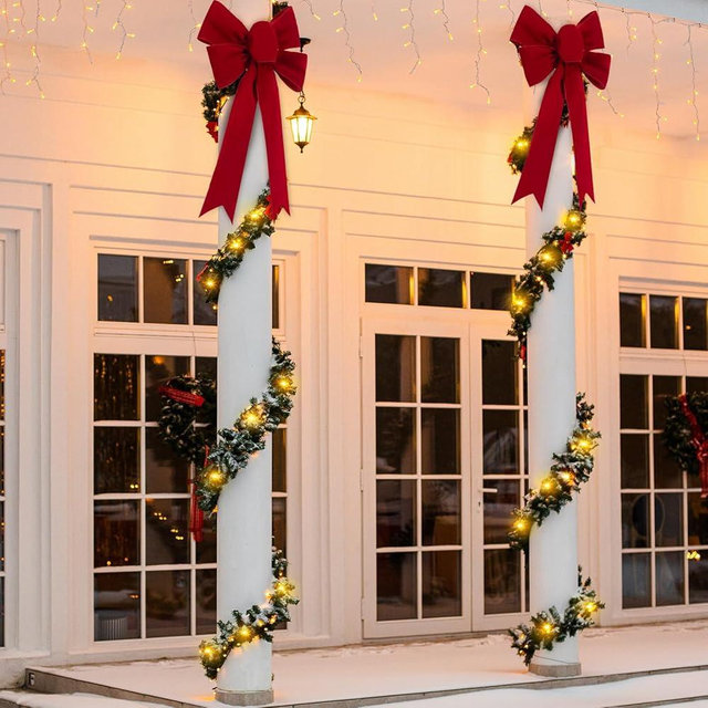 Suncalla Christmas Front Porch Decoration Set Include 2 Pcs 18 x 24in Large Red Velvet Bow, 2 Pieces 16ft Green Garland and 2 Pcs 23ft Solar String Lights for Xmas Outdoor Front Door Column Window