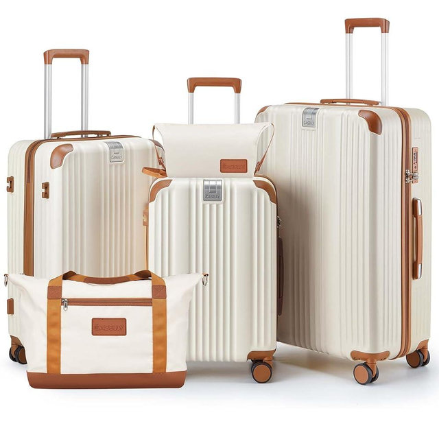 CASELLY Luggage Set 3 Piece Luggage with PC+ABS Hardshell TSA Lock Spinner Wheels Carry on Lightweight Suitcase,Cup Holder,YKK Zippers (Beige, 5 piece sets(20/24/28/DB/TB))