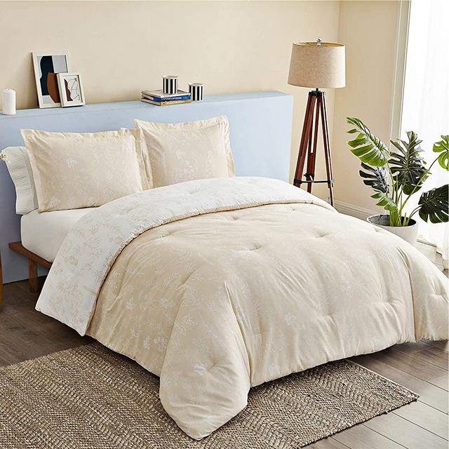 Bedsure Queen Bed Comforter Set - Reversible Floral Beige Khaki White Bedding Comforter Set, 3 Pieces Flowers Plants All Season Bed Set with 2 Pillow Shams