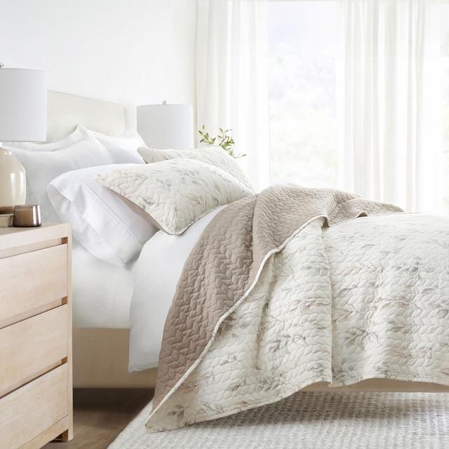 Geometric and Floral Modern Reversible Quilt and Shams Set - Becky Cameron, King/California King, Watercolor Leaves Stripe / Latte