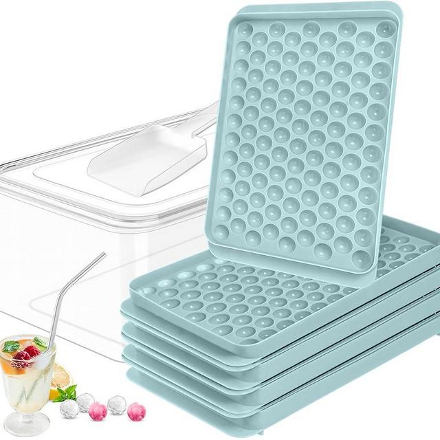 CKE Mini Ice Cube Tray with Bin Pack of 4 Round Ice Cube Mold Each Tray Contain 104 Pcs Tiny Pebble Ice Tray for Freezer, Ice Scoop and Stainless Steel Straw, Easy Release, Coffee, Cocktail - Blue