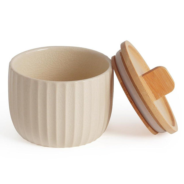 Lunavita Salt Cellar Keeper with Bamboo Lid, 14oz Big Capacity Ceramic Sugar Bowls Pepper Box, Crackle Glaze Seasoning Container Condiment Pot for Kitchen, (Cream Color), 3.9×4