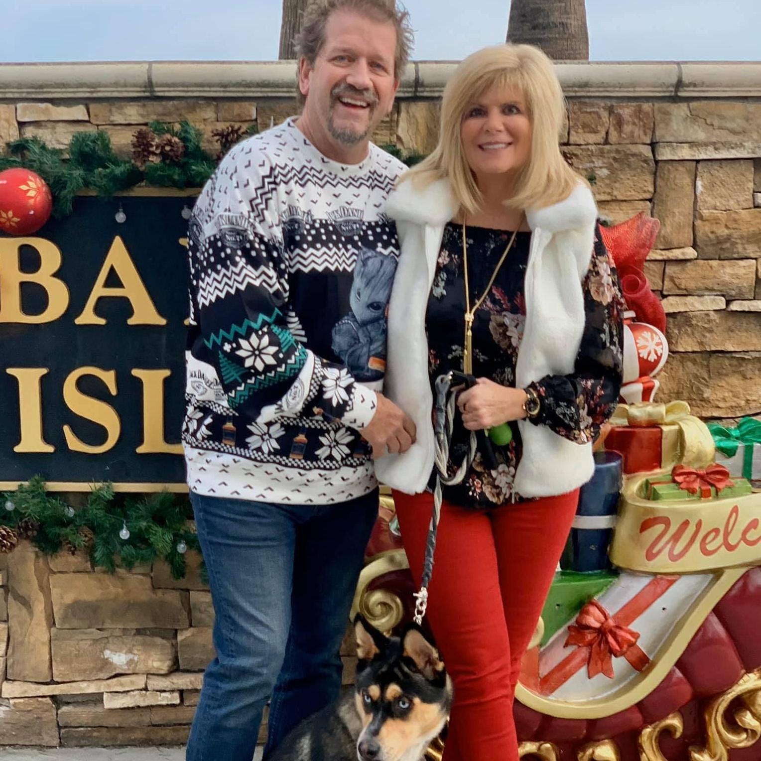 Strutting in Christmas style while on Balboa Island with Kali.