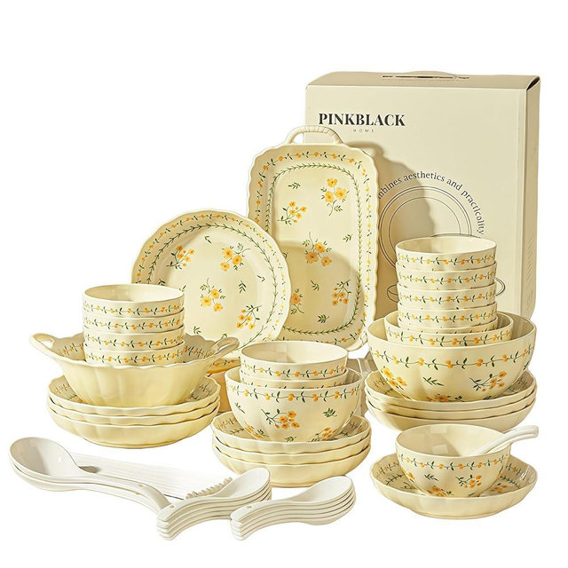 Top Porcelain China Dinnerware Set,Stoneware&Ceramic Dinnerware Sets,Ceramic Cookware Tableware Set Includes Dinner China Plates|Chinese Spoons|Pasta Bowls|Soup Pot|Chopsticks (45PCS * 10-Person Set)