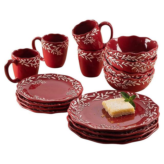American Atelier Holiday Round Dinnerware Set – 16-Piece Ceramic Party Collection w/ 4 Dinner Salad Plates, 4 Bowls & 4 Mugs –Gift Idea for Special Occasions, Red, Bianca Mistletoe