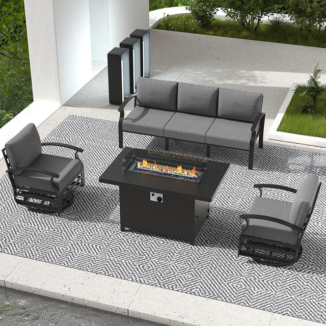 RTDTD Aluminum Outdoor Patio Furniture Set,4 Pieces 5 Seats Patio Conversation Sets with 45" Propane Fire Pit Table,Metal Patio Sectional Furniture Set with 2 Swivel Rocking Chairs,Grey