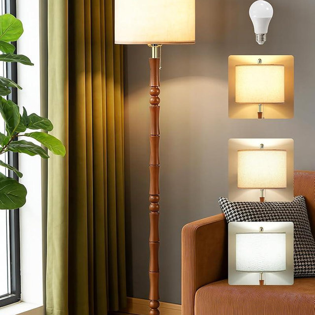 65" Solid Wood Floor Lamps for Living Room with Adjustable Color Temperatures, Farmhouse Floor Lamp with Pull Chain Switch, Tall Standing Lamp for Bedroom, Dining Room, Rustic Brown VE26LD05