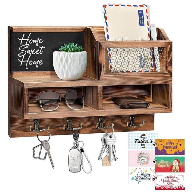 HOMEBROS Key Mail Holder for Wall, Wooden Wall Mount Key Mail Organizer with Chalkboard Mirror Double Sided Greeting Cards Key Rack Storage Shelf with 8 Key Hooks for Entryway Hallway Doorway