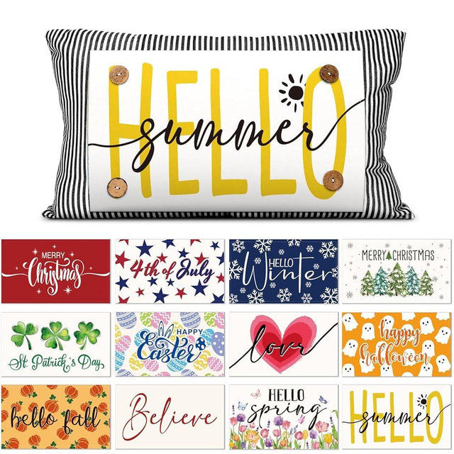 Hahafelt Seasonal Holiday Throw Pillow Cover with 12 Interchangeable Pillow Panels Summer Pillowcase 4th of July Rectangle Canva Lumbar Pillowcase for Home Office Decoration(Gray and White Stripes)