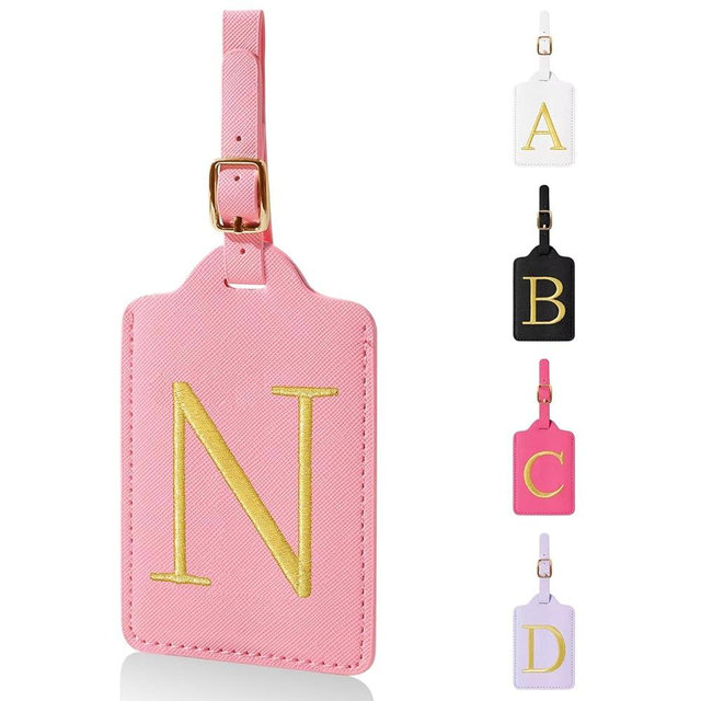 Personalized Initial Luggage Tags for Suitcases,Leather Letter Cute Luggage Tags with Privacy Name Card,Embroidered Monogrammed Travel Bag Backpack Tag Gifts for Women Kids Girls Teens(Pink-N)