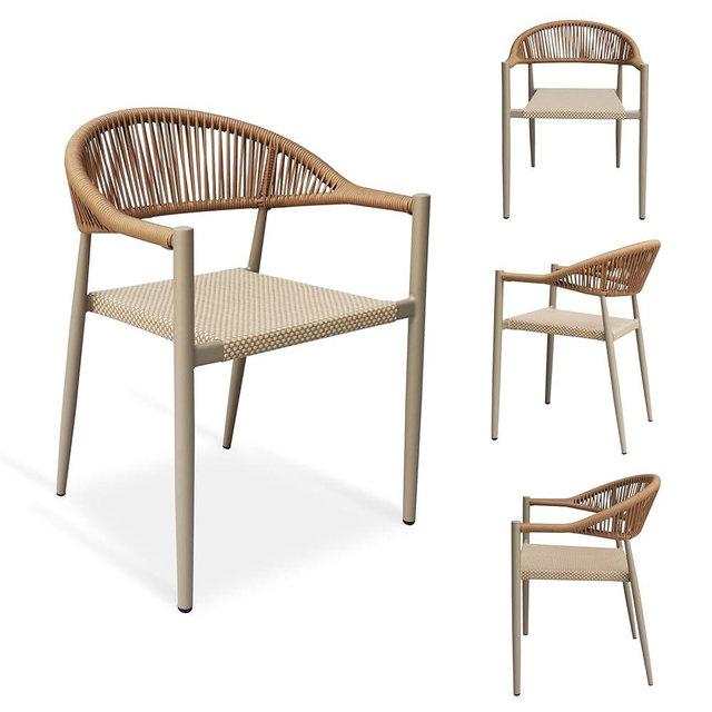 Erotr 4 Pcs Stackable Patio Dining Chairs, Aluminum Rattan Outdoor Dining Chair with Arms, Woven Rope Garden Armchair Metal No Assembly for Bistro Balcony Porch Deck Yard Cafe Restaurant, Light Brown