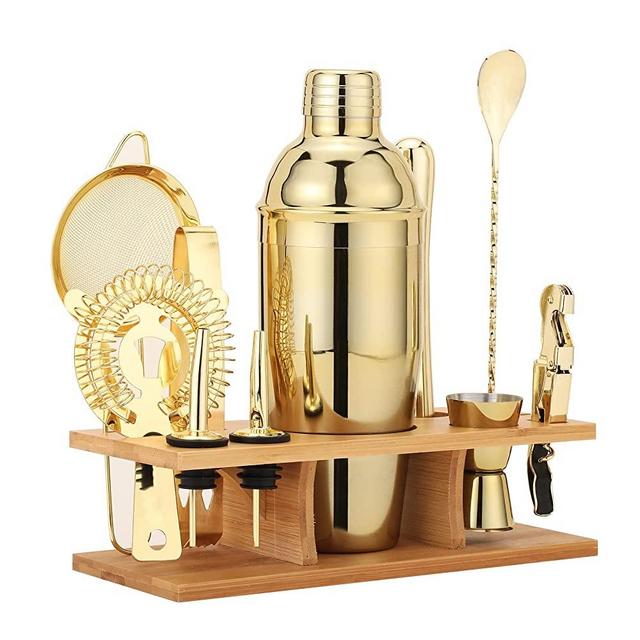 JNWINOG Shakers Bartending, 11Pcs-Cocktail Shaker Set Gold Drink Mixer with 25oz Martini Shaker,Muddler,Bar Spoon and More Professional for Home and Bartender.(Gold)