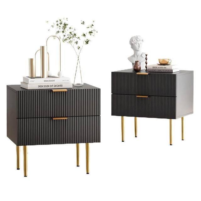Morwdxef Modern Fluted Nightstand Set of 2, Black Night Stand with Golden Handles and Metal Legs, Wooden Bedside Table with 2 Drawers for Bedroom Living Room