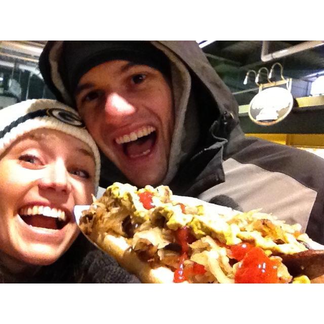 Austin's first trip to Lambeau, where we enjoyed a foot long hot dog, wrapped in a foot long brat, wrapped in bacon called the Packer Pride. 09/2013 <3