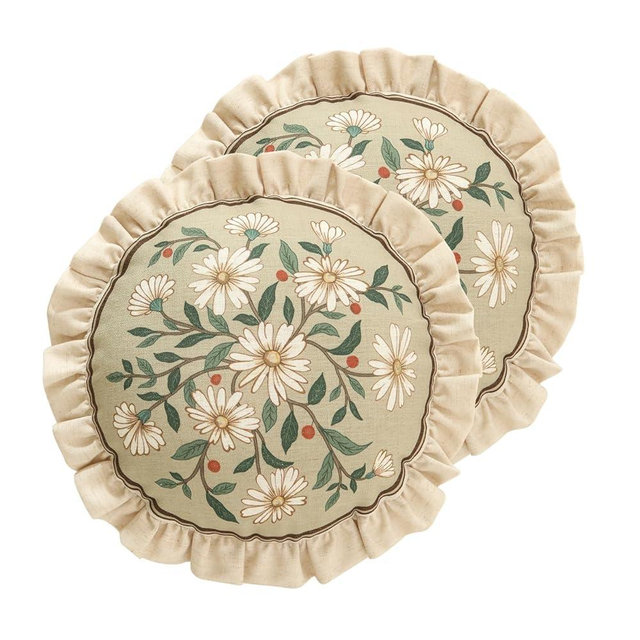 ISAENNE Design Round Floral Linen Throw Pillow Covers Diameter 16" Pack of 2,Beige Simple Elegant Daisy Pattern Cushion Covers Decor Pillowcases for Bed,Living Room,Outdoor,Car