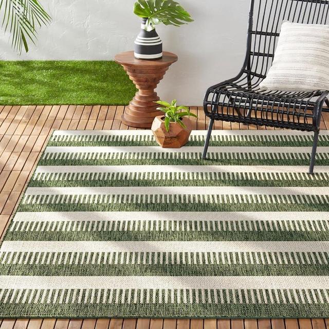 Nicole Miller New York Patio Country Charlotte Modern Stripe Indoor/Outdoor Area Rug, Light Green/Ivory, 7'9"x10'2"