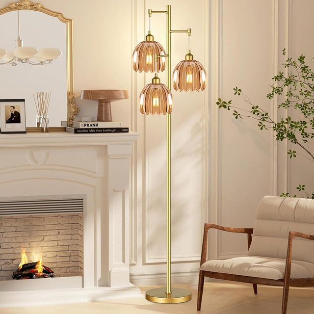 WLQCWL Modern Floor Lamp for Living Room Bedroom-3 Light Gold Floor Lamp with Glass Lampshape, Flower Tall Lamp Glass Standing Lamp Tree Floor Lamps for Living Room Bedroom,Corner