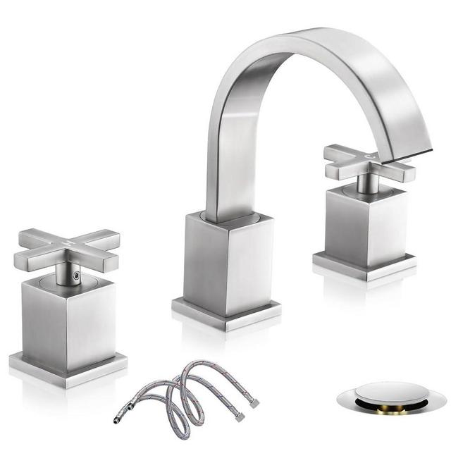phiestina Brushed Nickel Waterfall Bathroom Faucet, 3 Hole Widespread Modern Sink Faucet, with 360 Degree Swivel Spout, Pop Up Drain & Water Supply Lines, WF001-10-BN