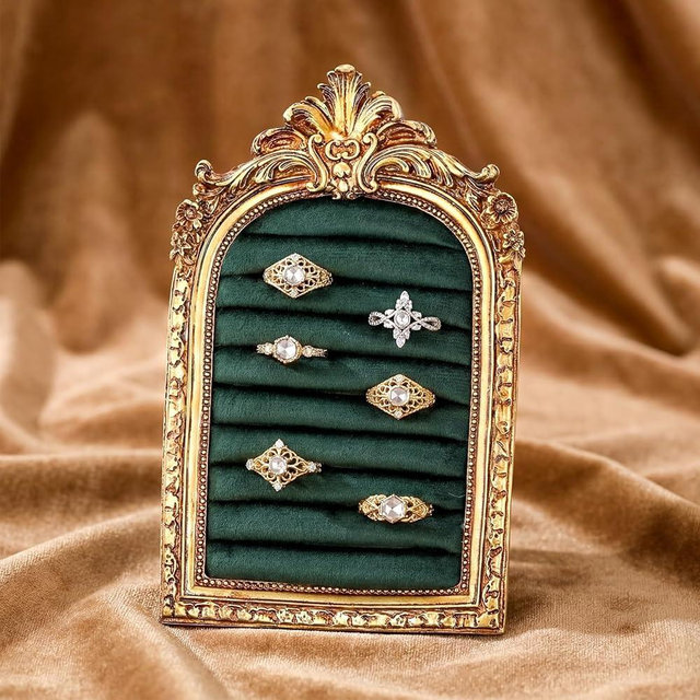 Liliaafar Vintage Ring Holder Gold Ring Wedding Display Suede Jewelry Box Stand Frame Earring Tray Anniversary Engagement Baroque Organizer Photograph Prop for Women Birthday Gifts (Arch,Green Mat)