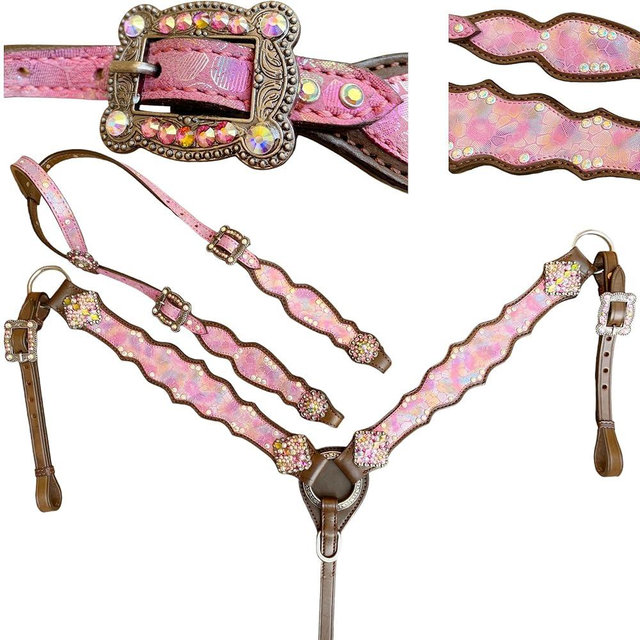 MOUSM Pink Western One Ear Headstall and Breast Collar Tack Set Argentina Cow Leather - with Matching Stones & Conchos - Perfect Christmas and Valentine's Day Gift for Horse Lovers