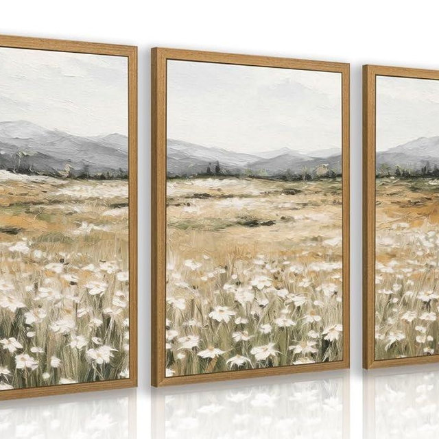 CAZLOUC White Wildflowers Wall Art Set of 3, Neutral Meadow Landscape Wall Decor, Minimalist Mountain Canvas Prints, Beige Rustic Field Paintings for Living Room Bedroom Wood Framed 16x24 Inch
