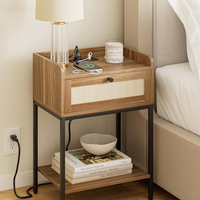Apetaccat Nightstand with Charging Station,3-Tier Bedside Table for Small Space,Modern Night Stand with Storage Drawer and Shelf,Small Side Table for Bedroom,Living Room,Walnut Brown