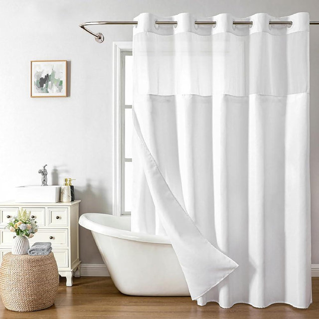 eachope Extra Long No Hooks Needed Linen Textured Shower Curtain with Snap-in Fabric Liner Set,White Hotel Luxury Decor Shower Curtains for Bathroom,Waterproof & Washable,71Wx86H