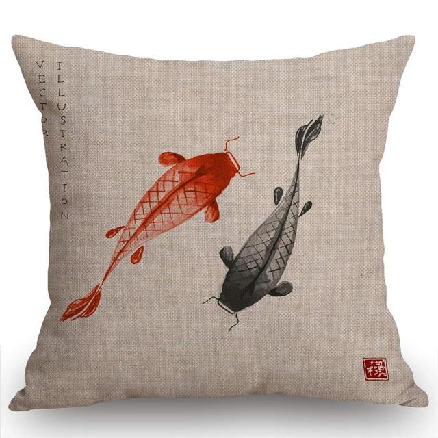 Swono Red and Black Fishs Burlap Throw Pillow Case Cushion Cover Couch Sofa Decorative Square 18x18 inches