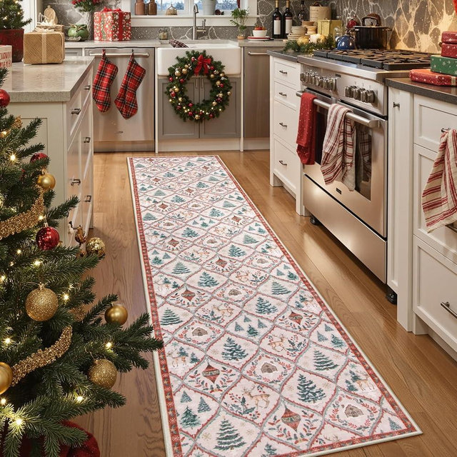 Lahome Christmas Kitchen Rugs, 2x8 Christmas Runners for Hallways Non Slip Printed Reindeer Washable Runner Rug, Non Shedding Reindeer Tree Carpet for Entryway Bedroom Laundry Room (Beige/Red)