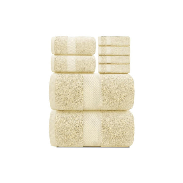 White Classic Luxury 100% Cotton 8 Piece Towel Set - 4x Washcloths, 2x Hand, and 2x Bath Towels - Beige