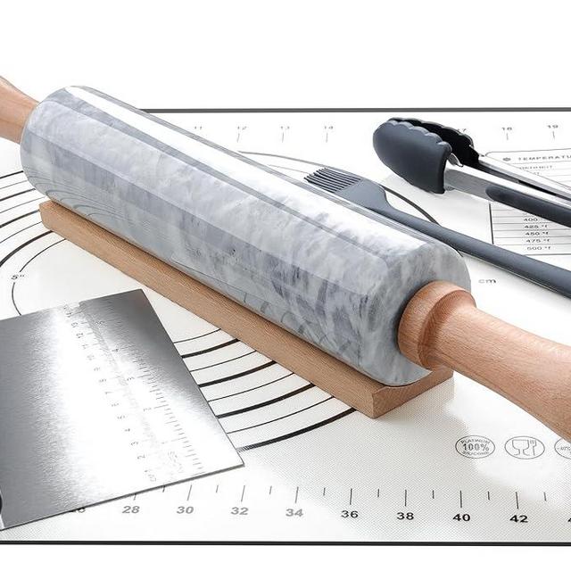SIPARUI Marble Rolling Pin Set with Silicone Pastry Mat,Stainless Steel Scraper,Silicone Brush,Silicone Tongs,18.5 inch Polished Non-Stick Roller for Pizza Dough,Fondant,Pie Crust(Gray White)