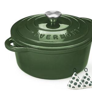 Overmont Enameled Cast Iron Dutch Oven - 5.5QT Pot with Lid Cookbook & Cotton Potholders - Heavy-Duty Cookware for Braising, Stews, Roasting, Bread Baking Glossy Green