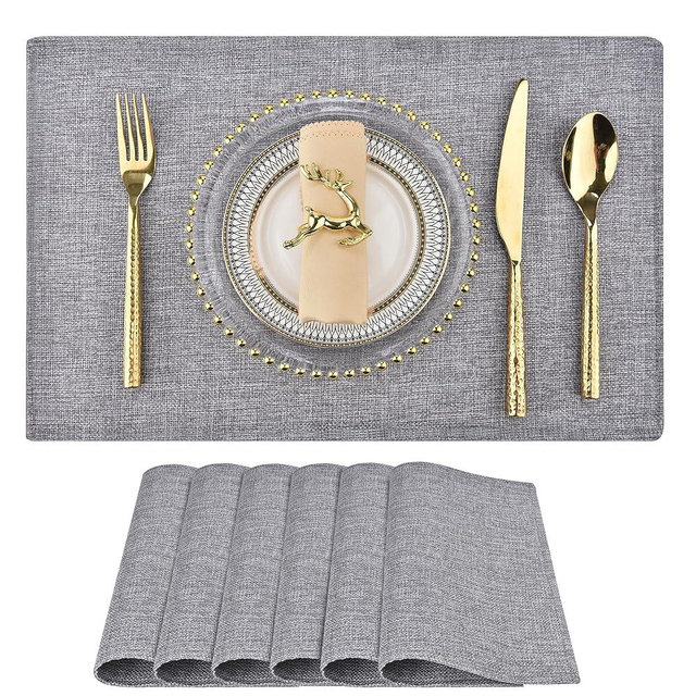 SLKQG Cloth Placemats Set of 6 - Double Thickened Easy to Clean Linen Style Fabric Placemats - Machine Washable Placemats- Heat Resistant Non-Slip Table Mats - 18x12 Inch (Smoke Gray, 6)