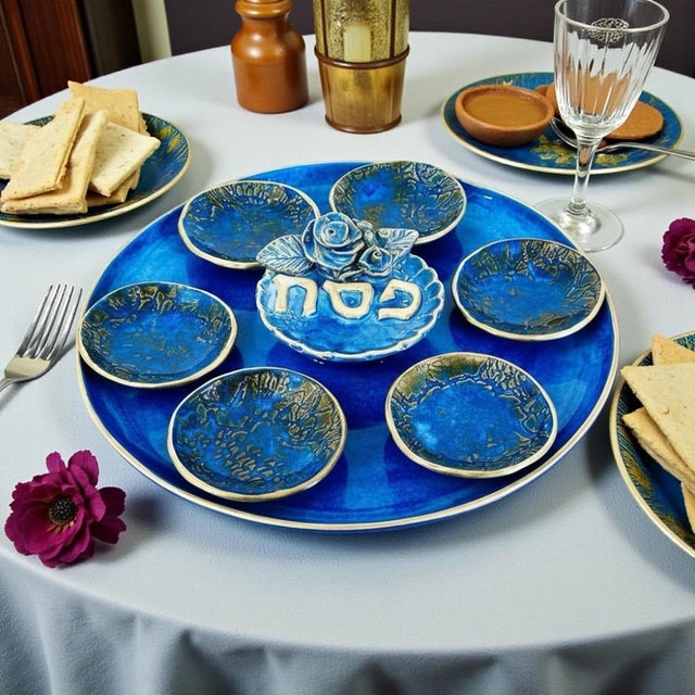 Handmade Indigo and Gold Ceramic Seder Plate, Passover Set